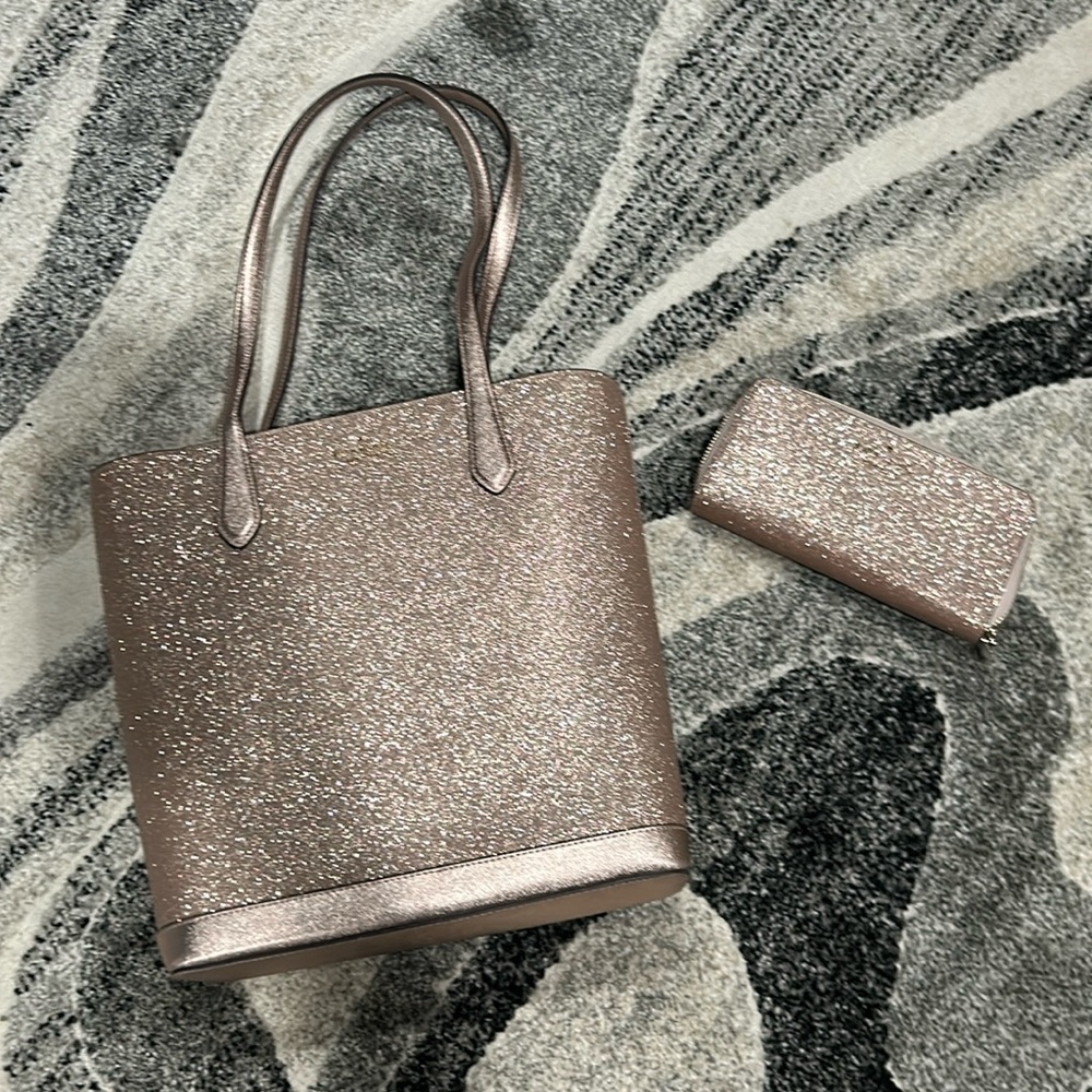 Rose gold glitter Kate spade bag and matching wallet like new